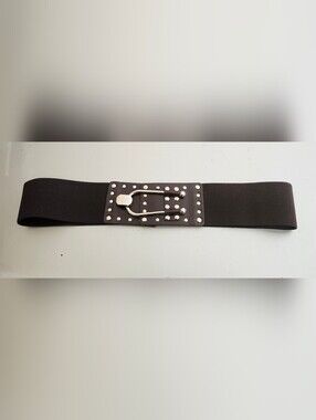 Studded Elastic Waist Belt with Silver Buckle - Black